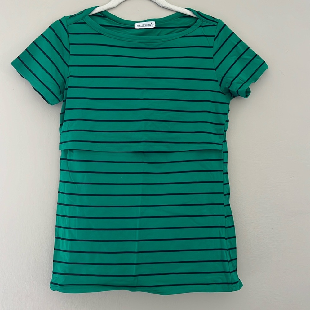 Smallshop Green & Black Striped Short Sleeve Maternity/Nursing Tee